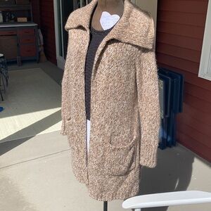 Talbots variegated weave long line open front cardigan. Pockets and high…